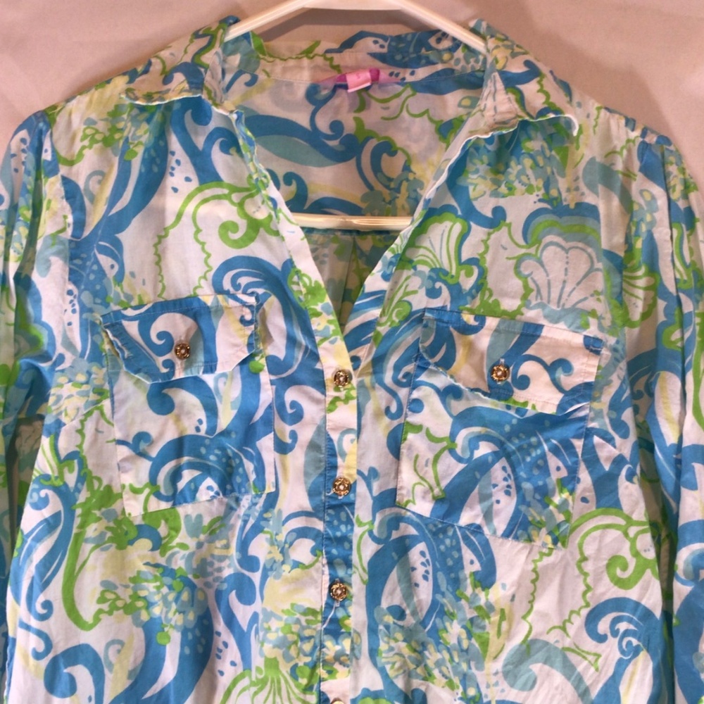 Lilly Pulitzer Small Tunic Top Blue Green Coastal Shell Swirl Cotton Resort - Picture 3 of 10
